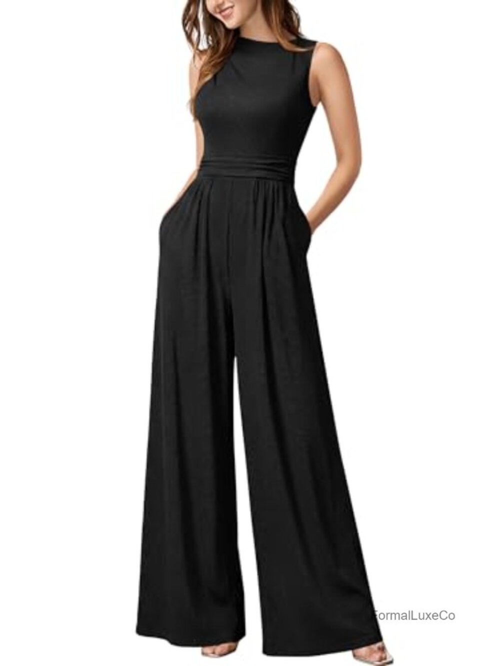 Sleeveless Mock Neck Ruched Wide Leg Jumpsuit